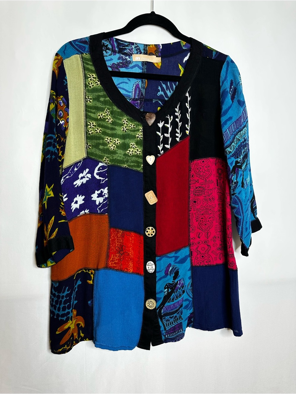 Women's Multicolor Patchwork Button-Down Shirt - Mixed Print